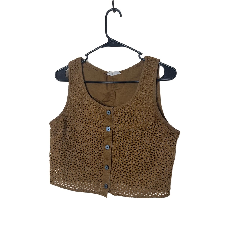 Everlane Walnut‎ Brown Eyelet Crop Top Sleeveless Button Front Large